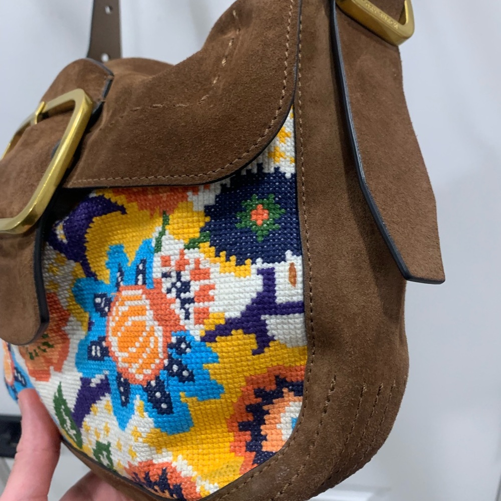Tory Burch Sawyer Needlepoint Suede Shoulder Bag Brown Multicolored Florals - Picture 4 of 15